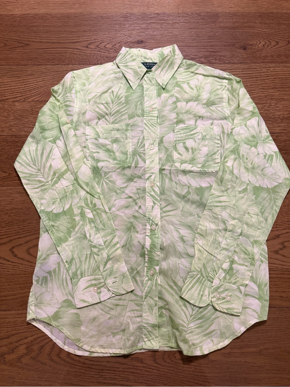 Lauren Ralph Lauren Top Green Palm Print Button Down Women Shirt Sz S Vacation